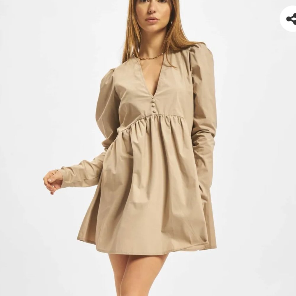 Tan/Stone Poplin V Neck Button Front Dress